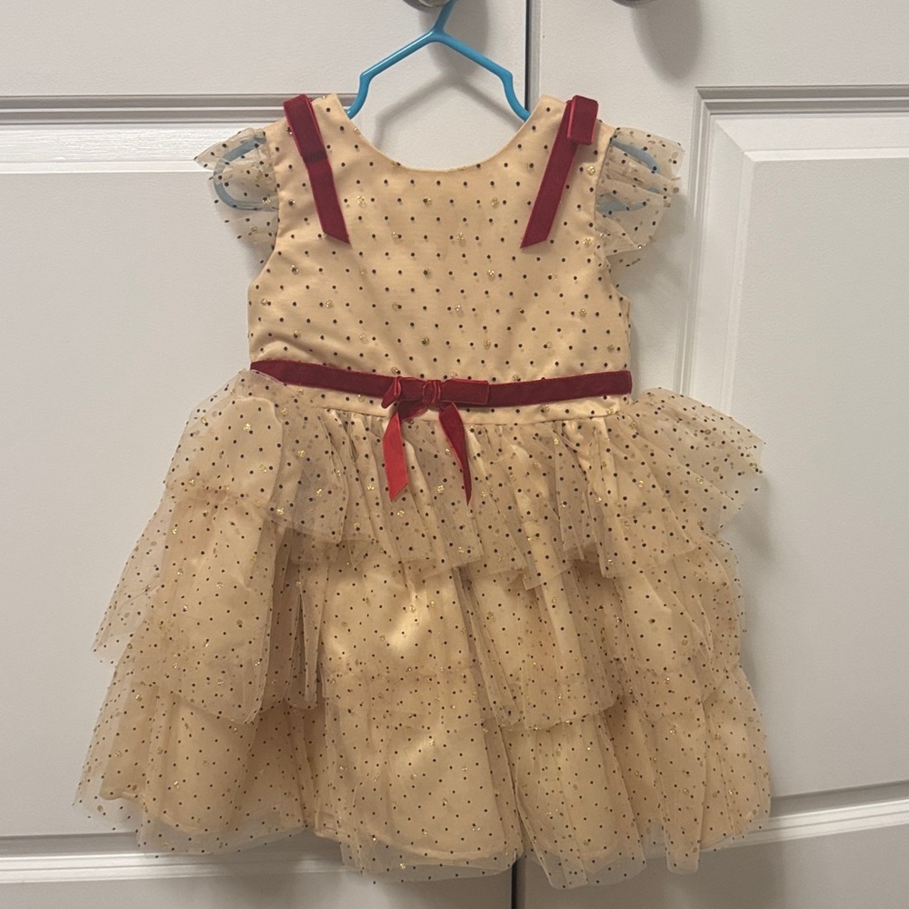 Blueberi Boulevard Gold Polka Dot Tulle Party Dress with Red Accents